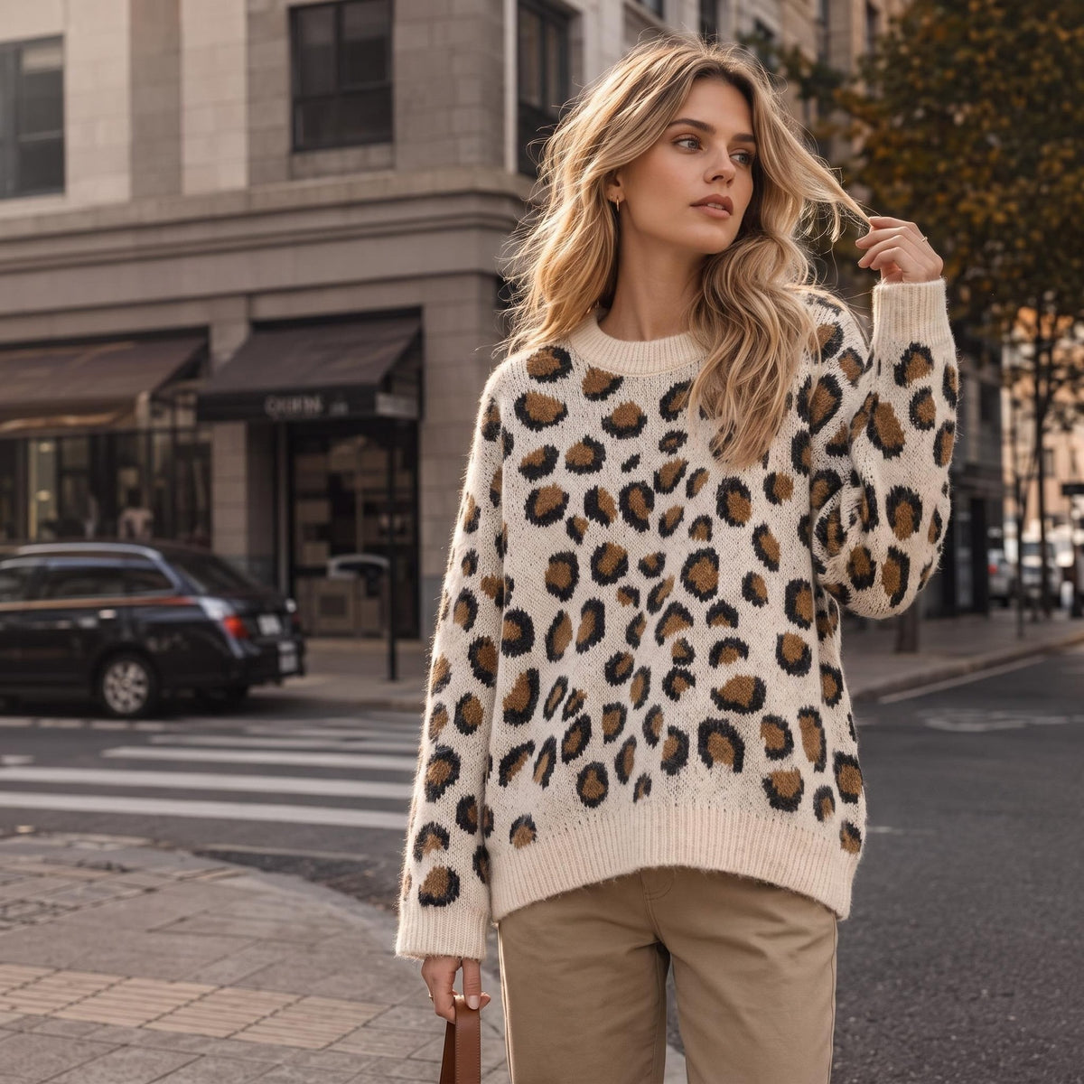 Jersey de manga larga con cuello redondo y estampado de leopardo