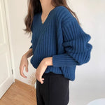 Retro V-Neck Pullover Sweater for Women,New Loose Soft Knitwear Top