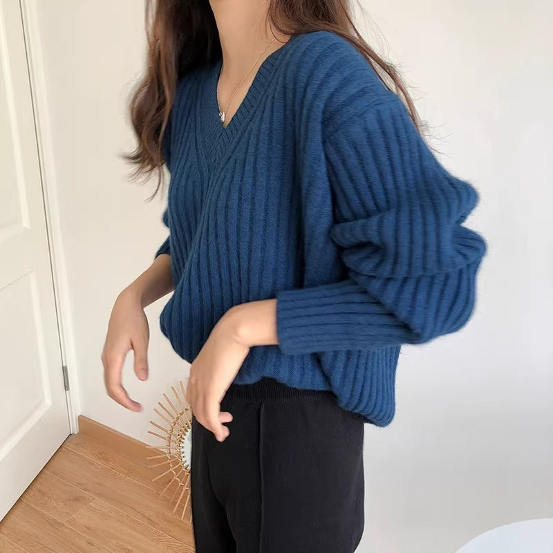 Retro V-Neck Pullover Sweater for Women,New Loose Soft Knitwear Top