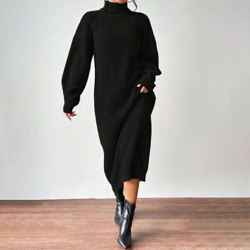 Vestido largo de punto liso para mujer con manga larga y cuello alto