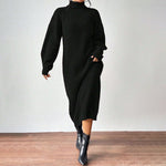 Vestido largo de punto liso para mujer con manga larga y cuello alto