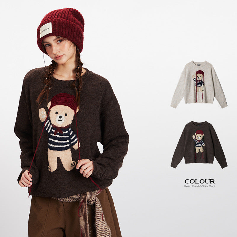 HeyHenry Bear Couple Sweaters Round Neck Loose Knit Pullover Casual Inner