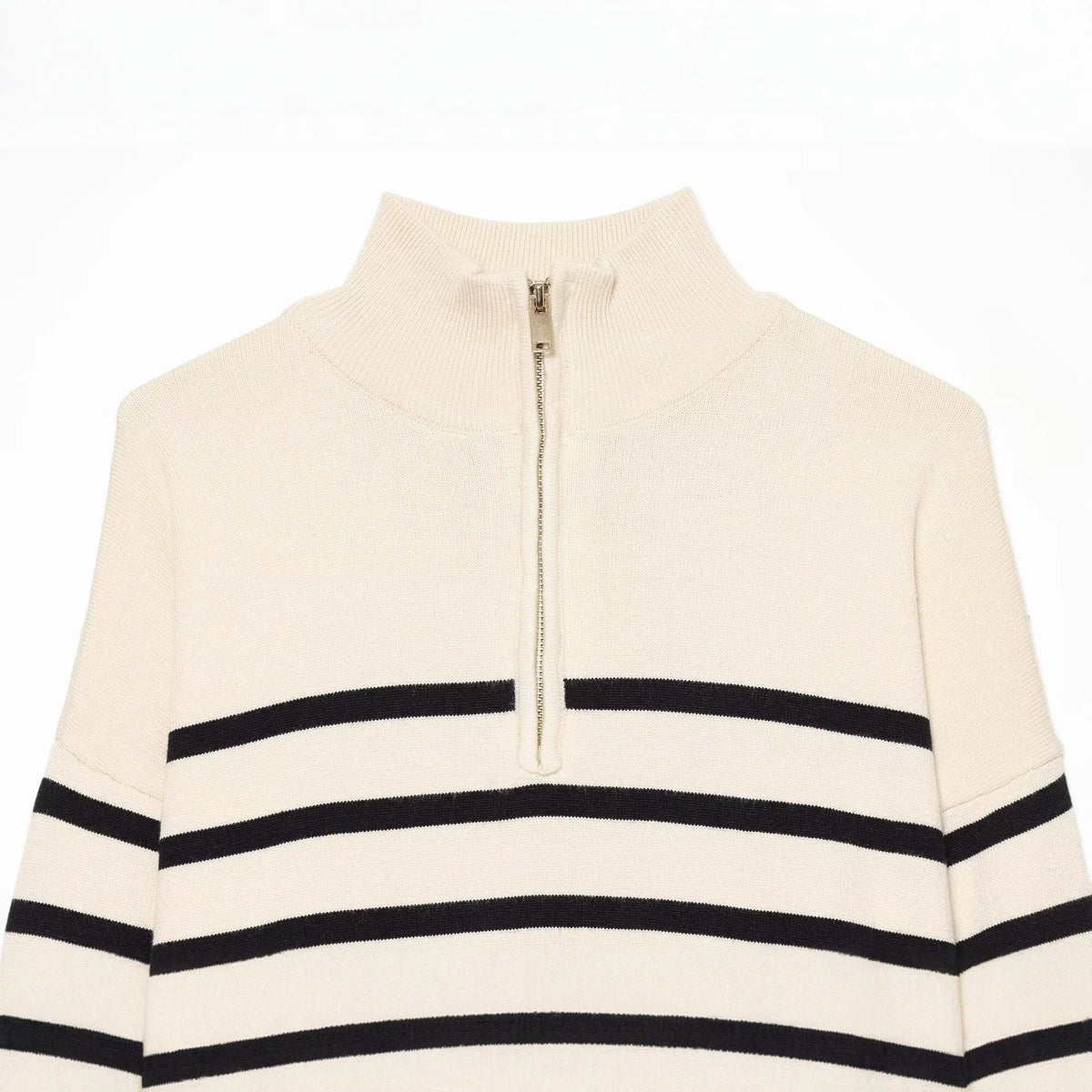 Zipper stand collar long sleeved pullover striped knit sweater for women