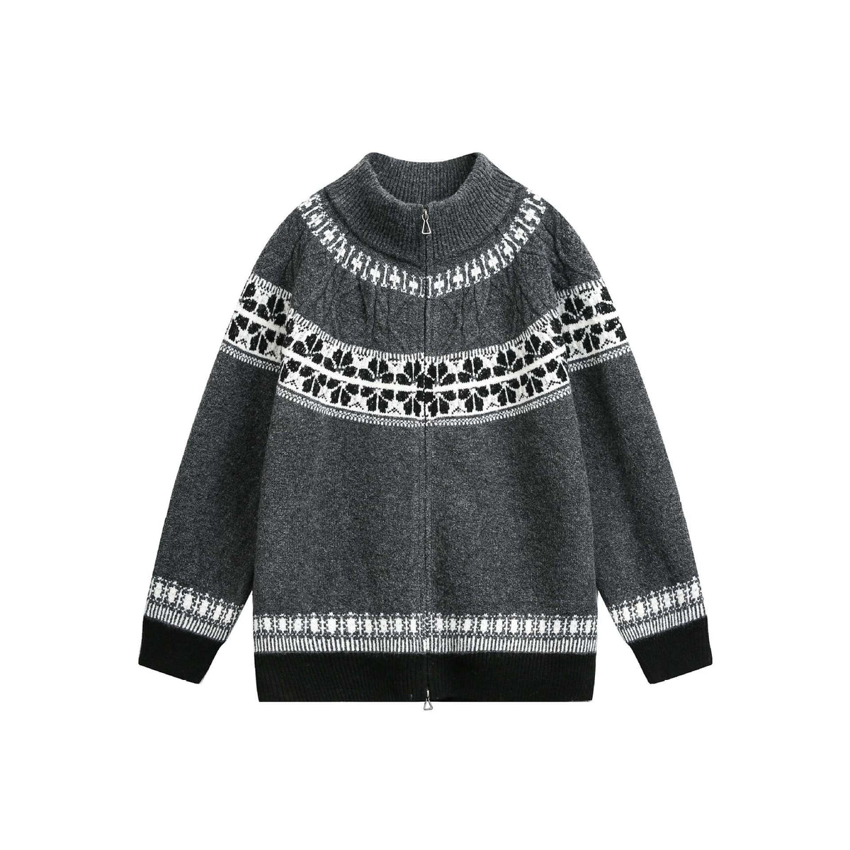Fair Isle Knit Loose Boho Zip-Up Cardigan Sweater Coat
