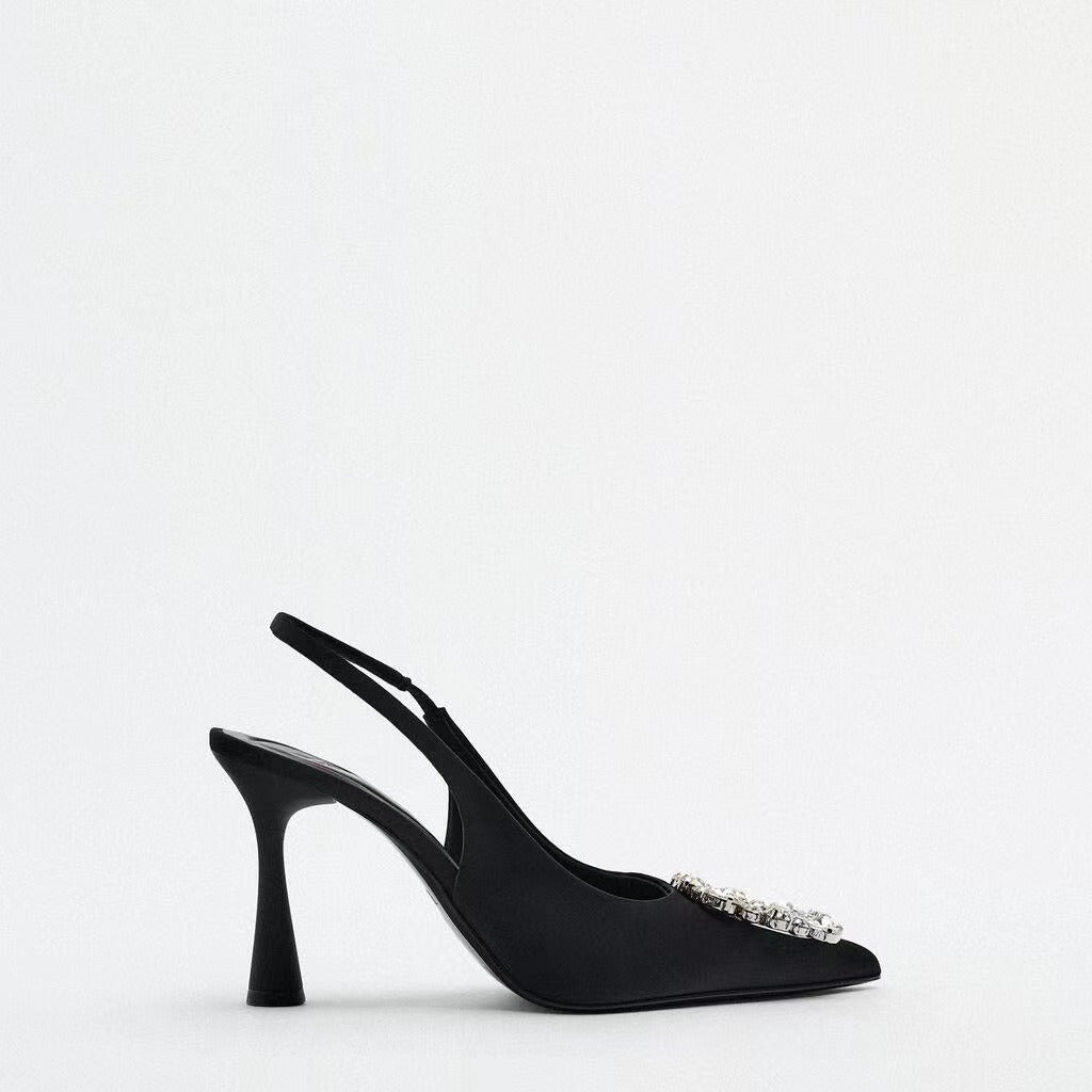 Zapatos de tacón destalonados para mujer con punta fina y brillo, para bodas