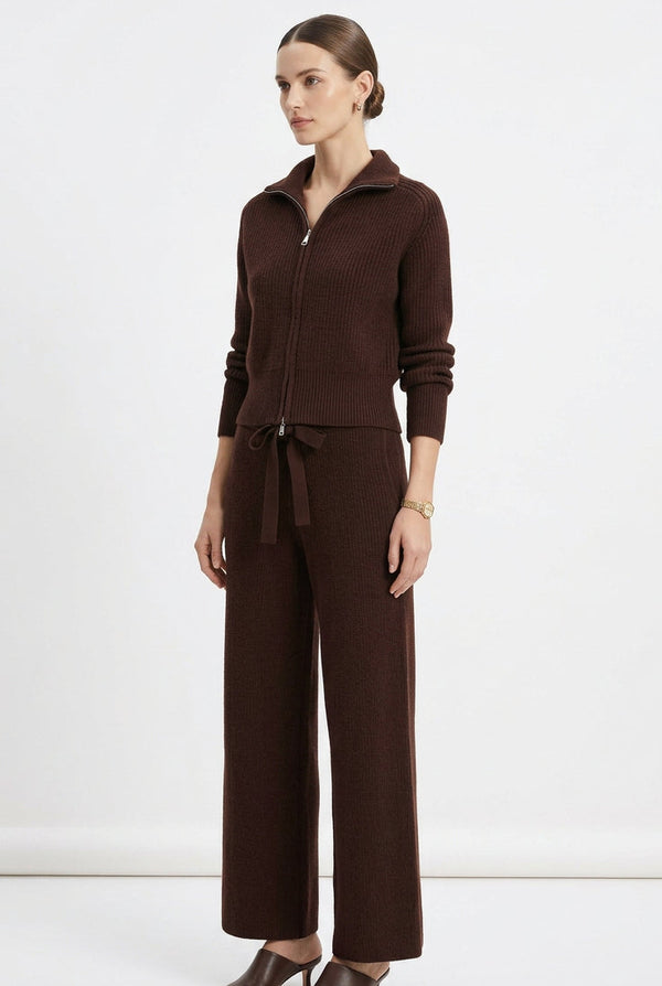 Conjunto de jersey de punto con cuello amplio y cremallera y pantalón para mujer