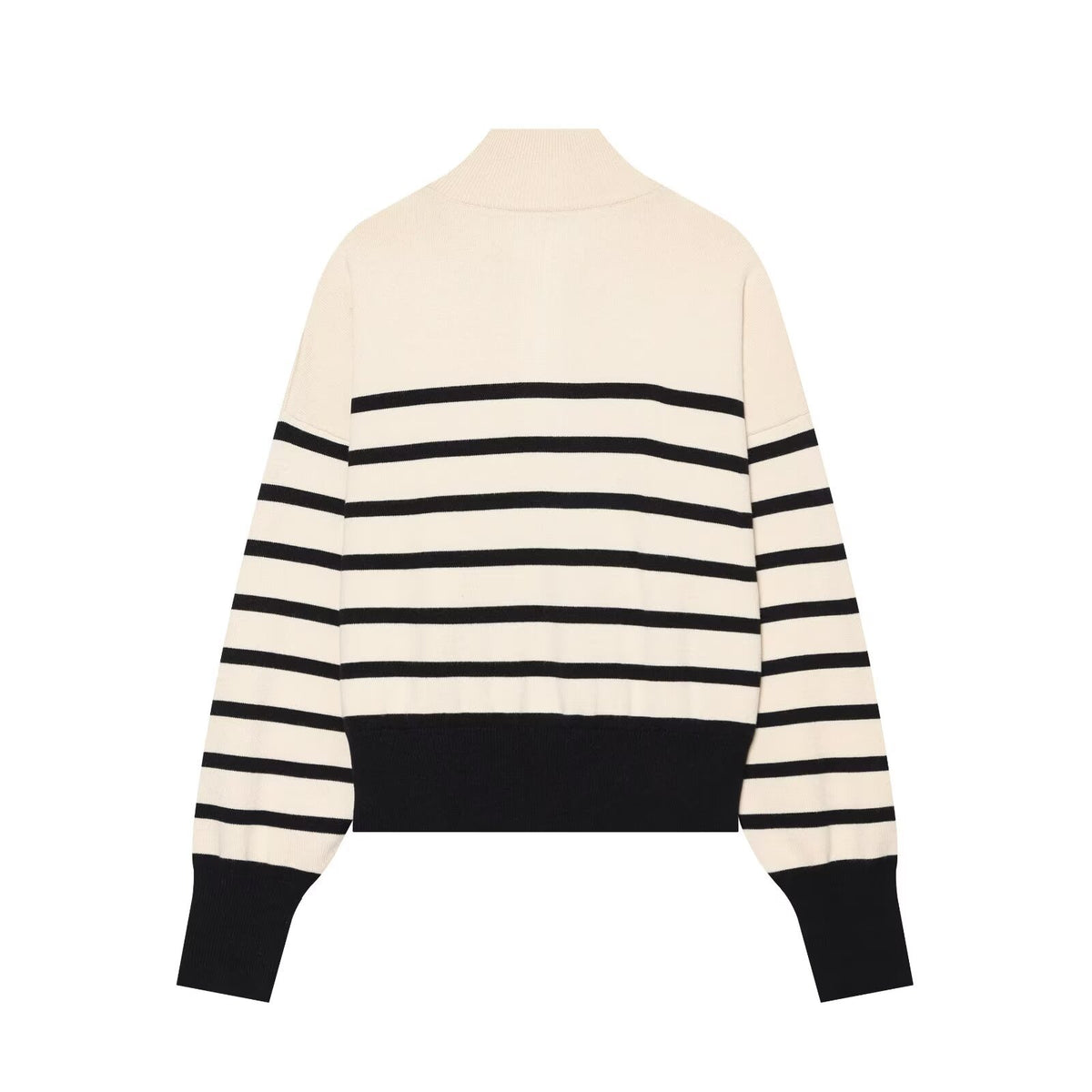 Zipper stand collar long sleeved pullover striped knit sweater for women