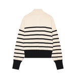 Zipper stand collar long sleeved pullover striped knit sweater for women