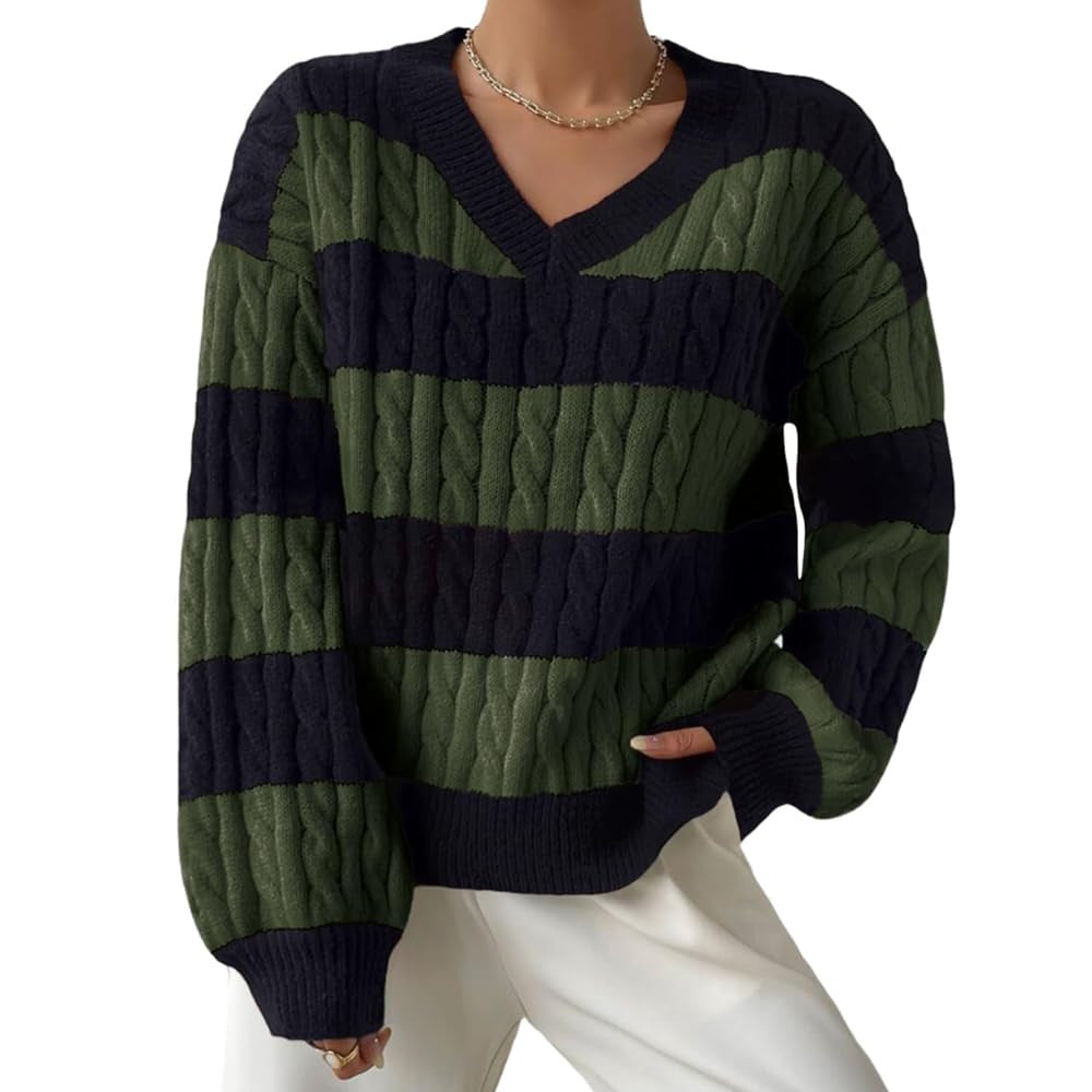 Autumn Winter Knitwear Fashion Vintage Striped Color-block Sweater Loose Casual Versatile Top