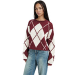 Jersey holgado de rombos para mujer con cuello redondo y manga larga
