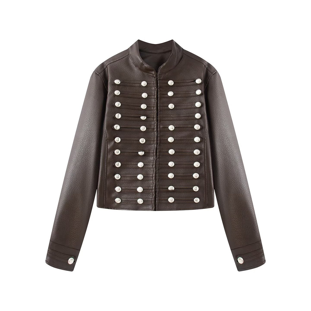 Casual knot button decoration Napoleon imitation leather jacket for women
