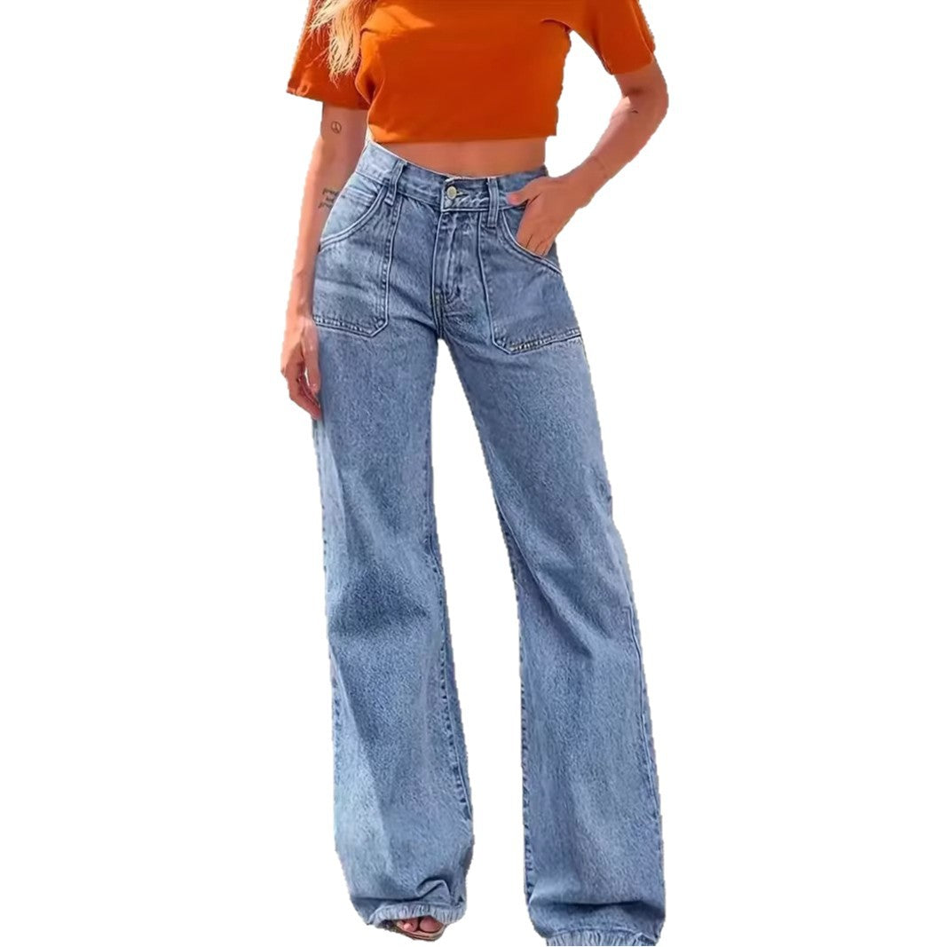 loose fit with large pockets women's retro frayed hem wide-leg jeans
