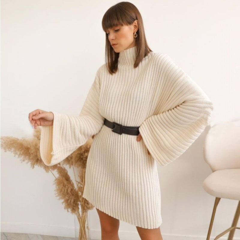 Vestido de punto para mujer con cuello vuelto y mangas acampanadas, liso y holgado para invierno