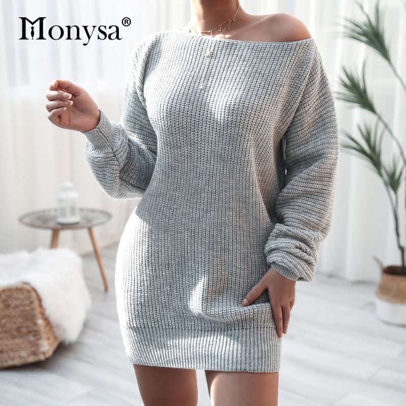 Vestido de punto para mujer con hombros descubiertos y manga larga abullonada, para otoño e invierno