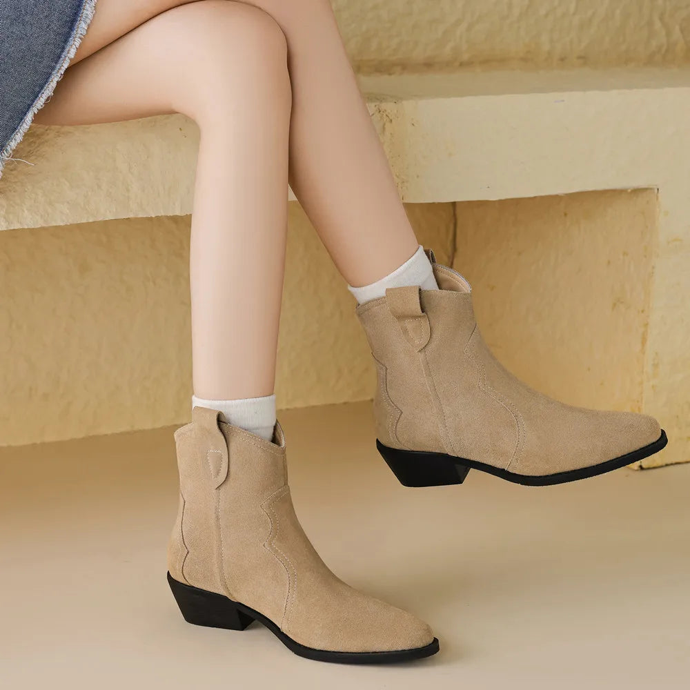 Botines de ante para mujer con tacón ancho, estilo retro para otoño e invierno