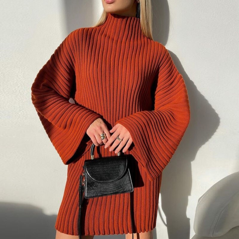 Vestido de punto para mujer con cuello vuelto y mangas acampanadas, liso y holgado para invierno