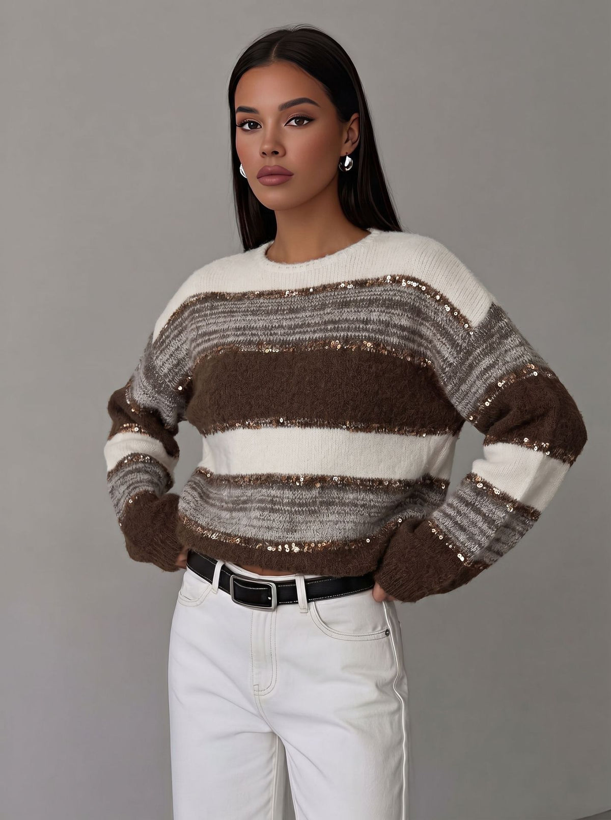 Crewneck Sweater for Women Autumn Winter Color-block Striped Soft Mohair Loose Knit Top