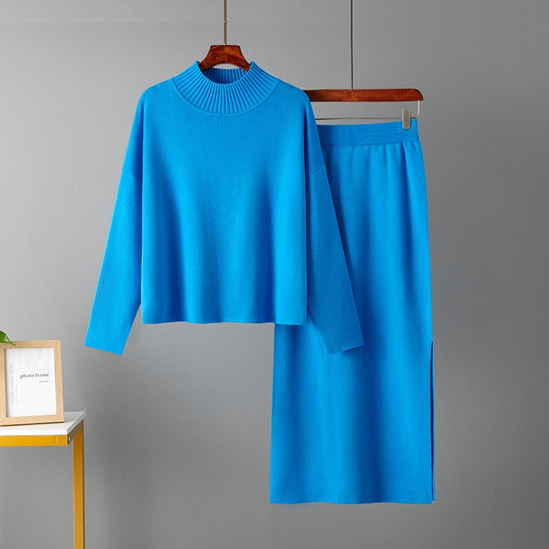 Conjunto de punto de dos piezas para mujer con jersey de cuello alto y falda larga recta, abrigado para invierno.