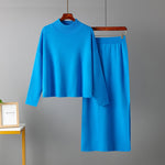 Conjunto de punto de dos piezas para mujer con jersey de cuello alto y falda larga recta, abrigado para invierno.