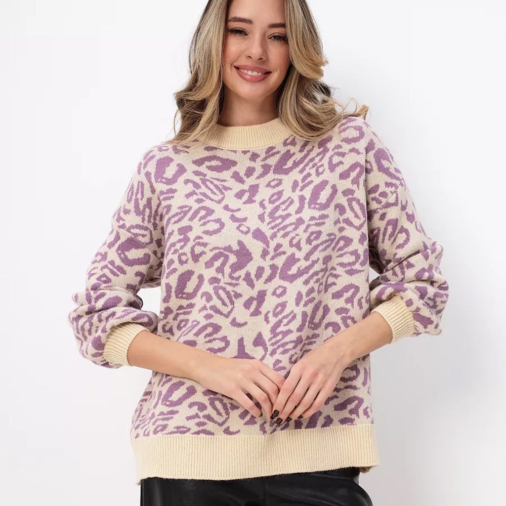 Leopard Print Sweater Women Loose Lantern Sleeve Round Neck Knit Top