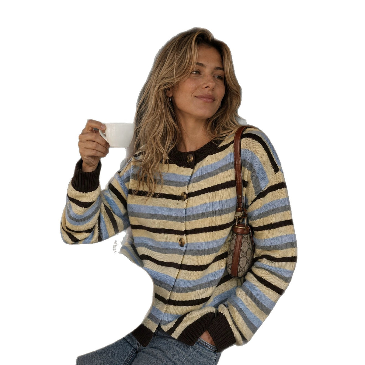 Color blocking striped loose single breasted long sleeved sweater