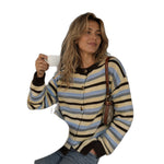 Color blocking striped loose single breasted long sleeved sweater