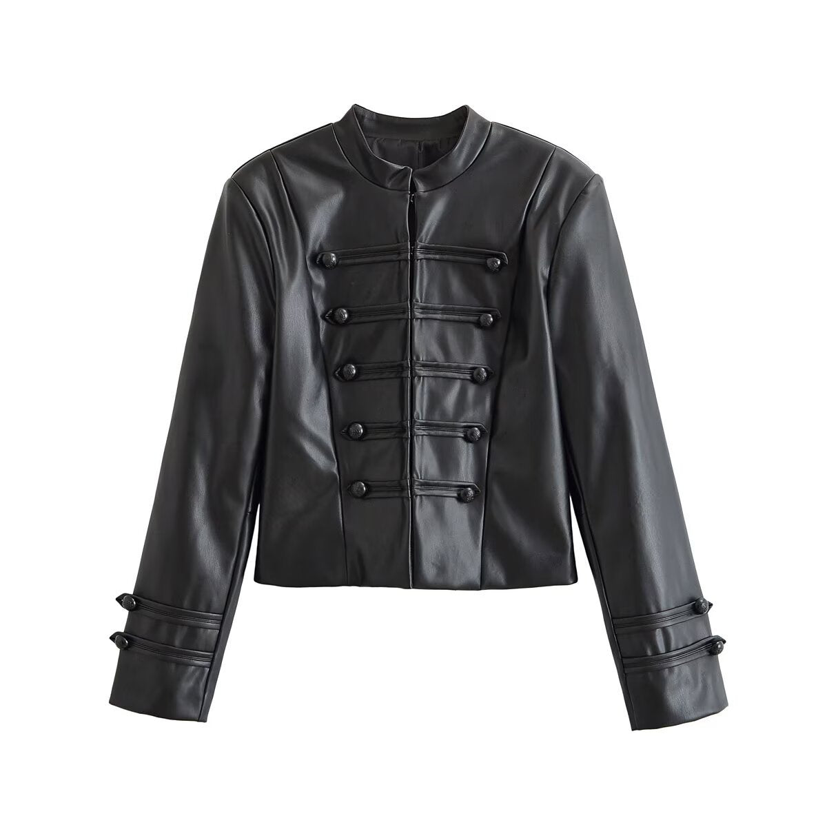 Simple knot and buckle decoration faux leather jacket for women