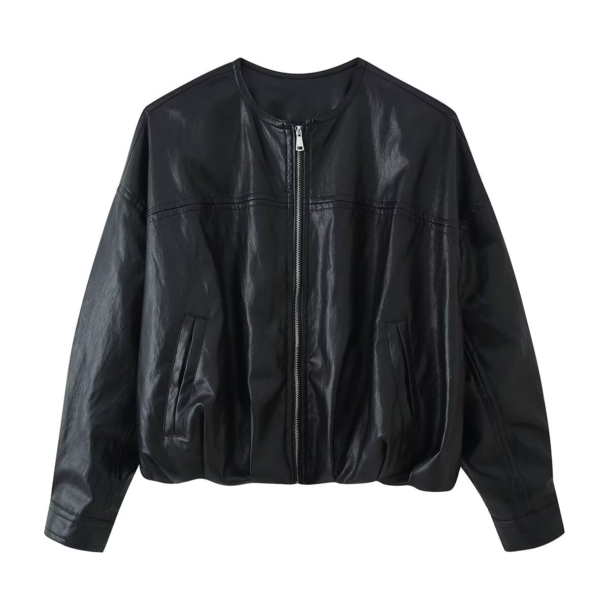 Loose imitation leather bubble sleeve jacket