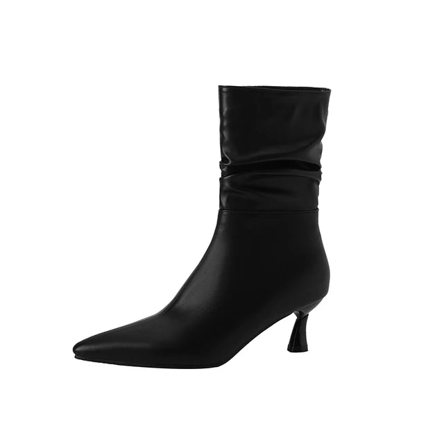 Botas de media caña para mujer con punta fina, tacón de 5 cm, diseño fruncido y forro cálido