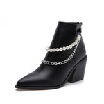 Botines para mujer con punta fina, tacón ancho de 8 cm y adorno de cadena, para otoño e invierno