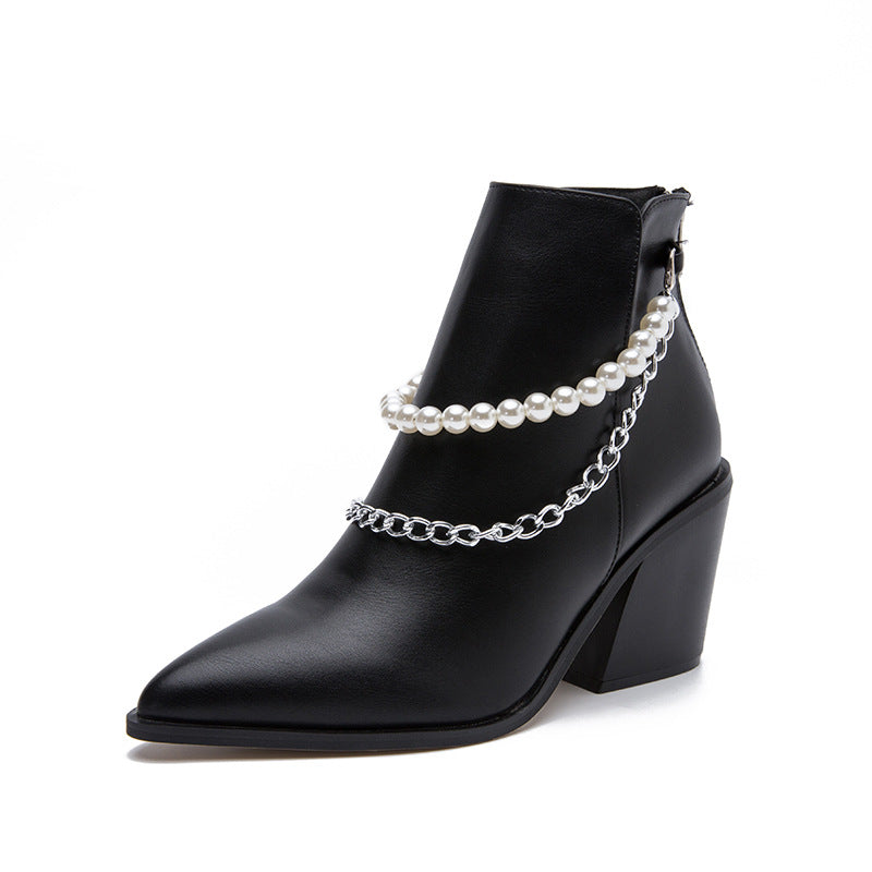Botines para mujer con punta fina, tacón ancho de 8 cm y adorno de cadena, para otoño e invierno
