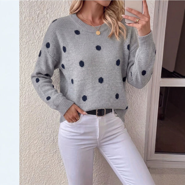 Chic Women's Round Neck Polka Dot Jacquard Knit Sweater, Oversized Drop Shoulder Long Sleeve Loose Fit Autumn Winter Pullover Casual Top