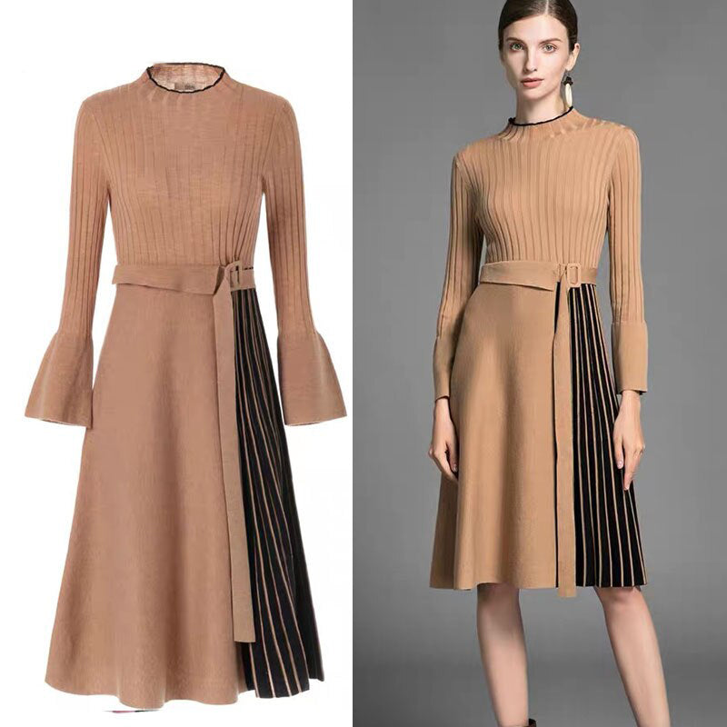 Vestido midi elegante de rayas con diseño combinado y mangas largas acampanadas, para otoño e invierno