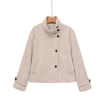 Slant breasted single breasted standing collar woolen coat for women