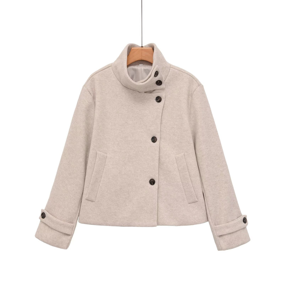 Slant breasted single breasted standing collar woolen coat for women