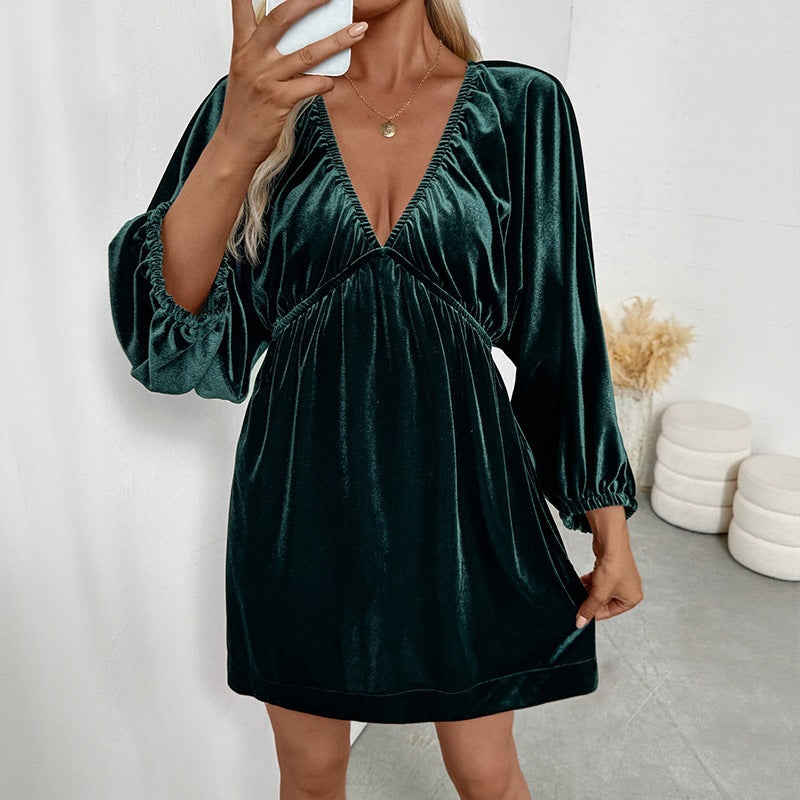 Vestido de terciopelo liso para mujer con manga farol y escote en V profundo