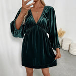 Vestido de terciopelo liso para mujer con manga farol y escote en V profundo