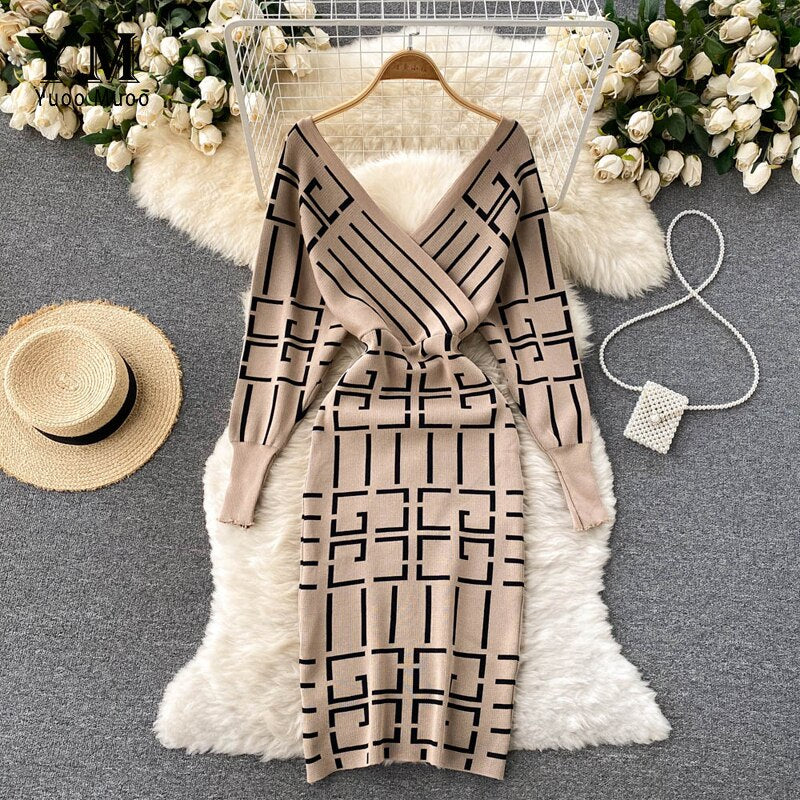Vestido de punto ajustado YuooMuoo con escote en V y diseño geométrico, para otoño e invierno