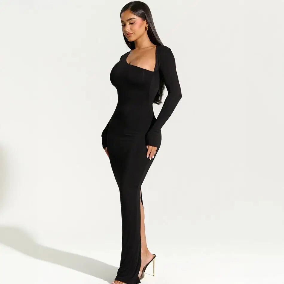 Vestido largo negro de fiesta para mujer, asimétrico, de manga larga y con abertura