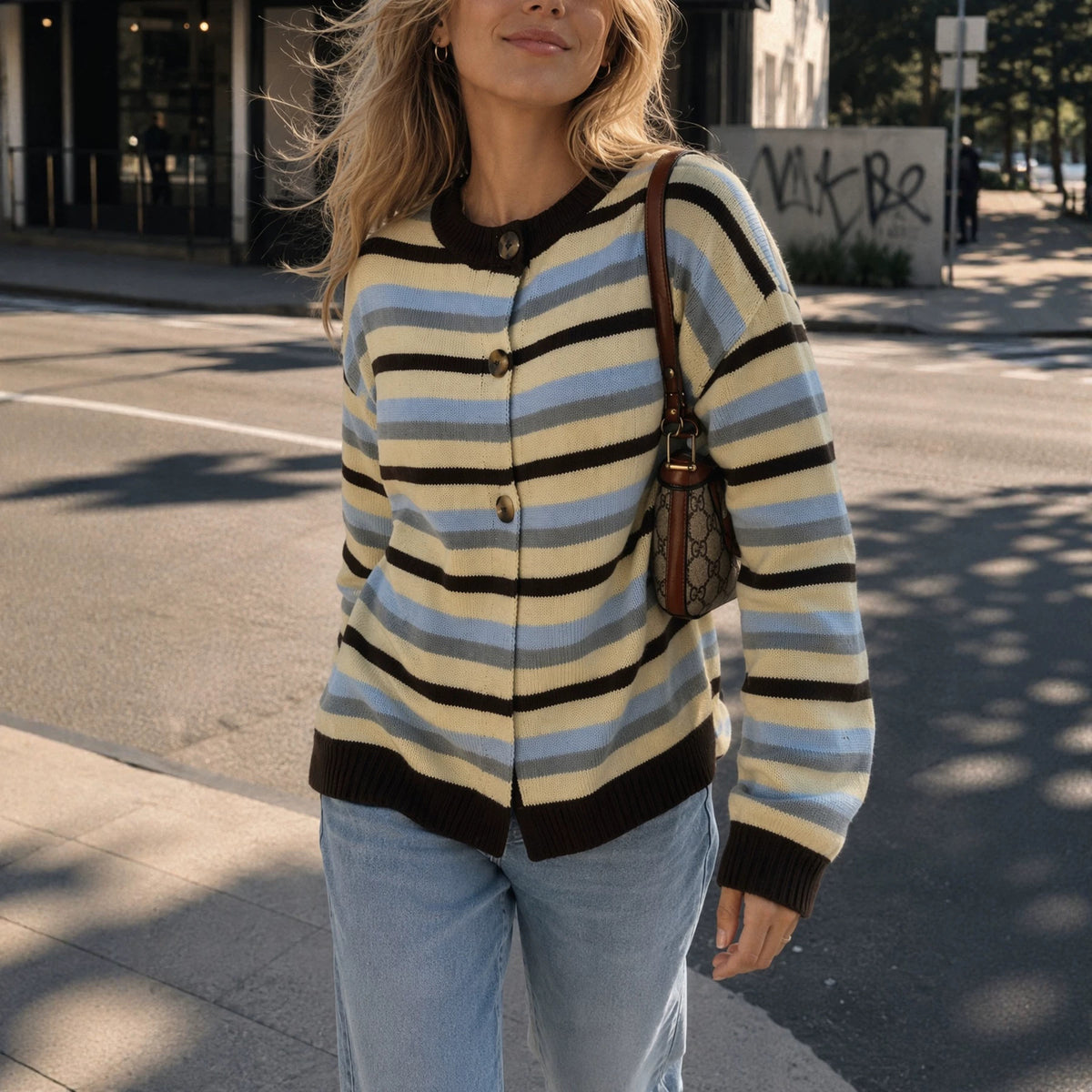 Color blocking striped loose single breasted long sleeved sweater