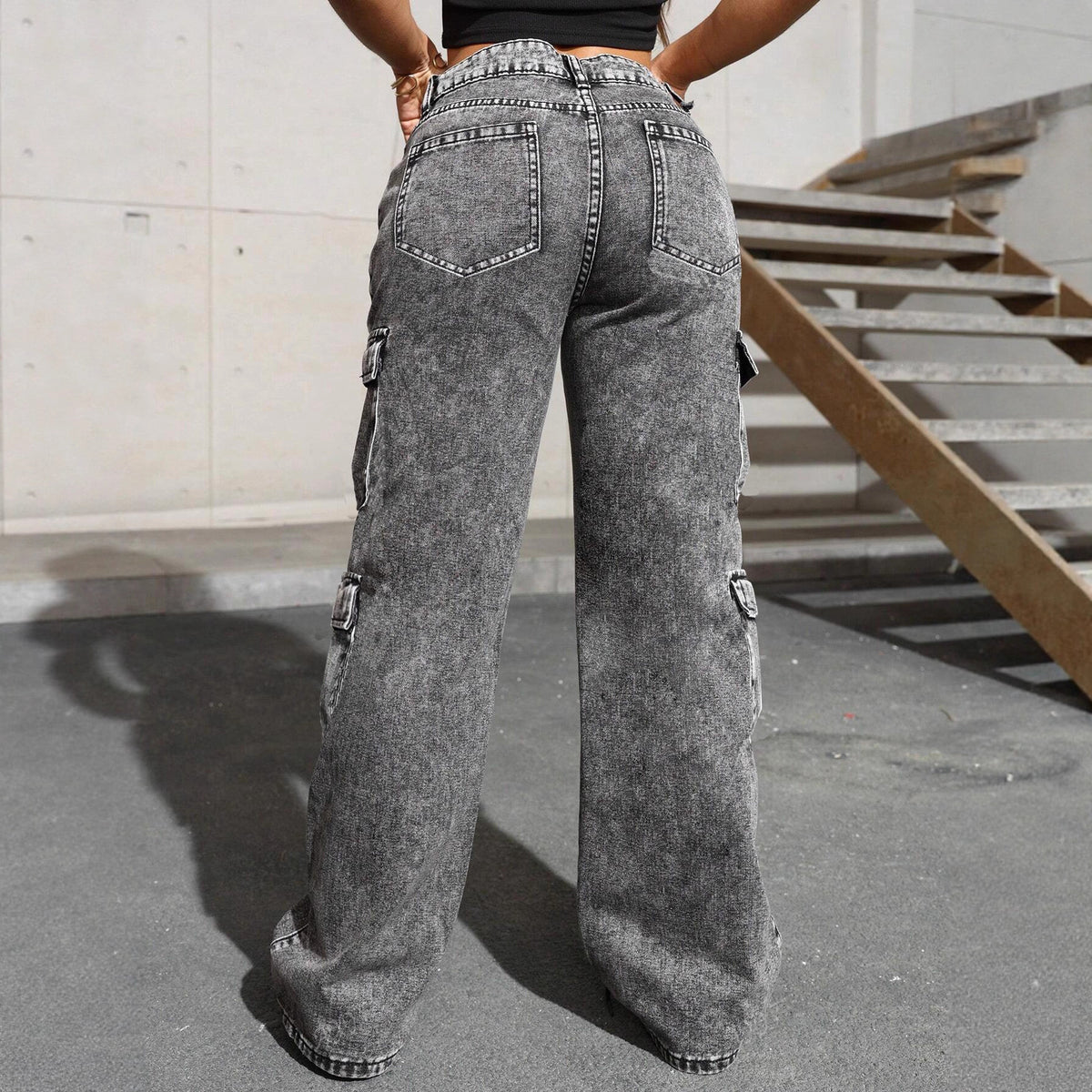 Irregular Washed Denim Pants for Women, Multi-pocket Cargo Style Youth Fashion