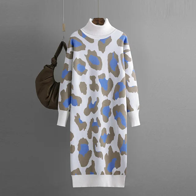 Vestido largo de punto para mujer con cuello vuelto y estampado de leopardo, holgado para otoño e invierno