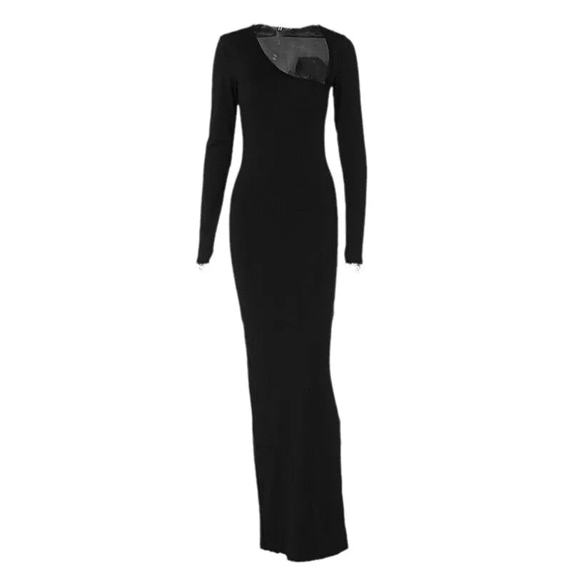 Vestido largo negro de fiesta para mujer, asimétrico, de manga larga y con abertura