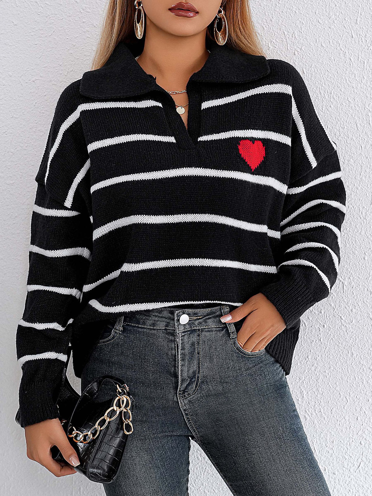 Lady Knit Sweater Top with Color Block Stitching, Stripe and Heart Pattern, Polo Neck