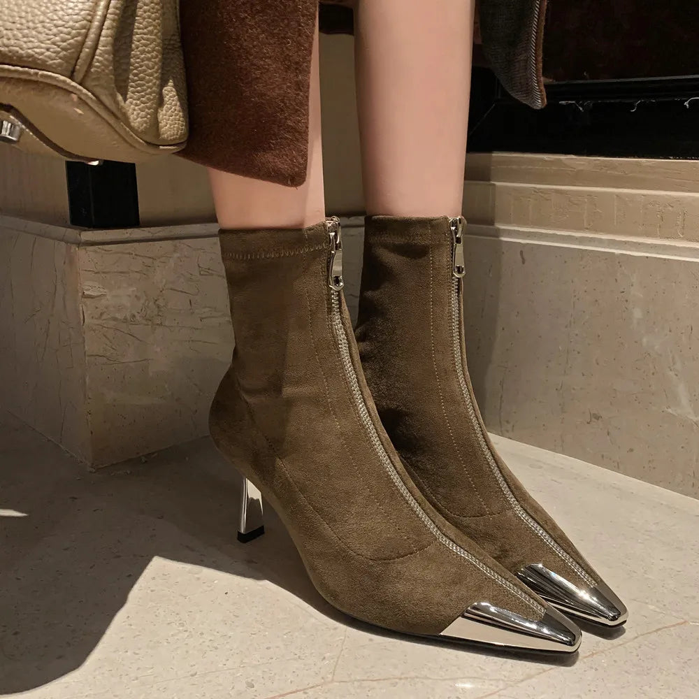 Botines elegantes para mujer con tacón de aguja, adorno metálico y cremallera, para otoño e invierno