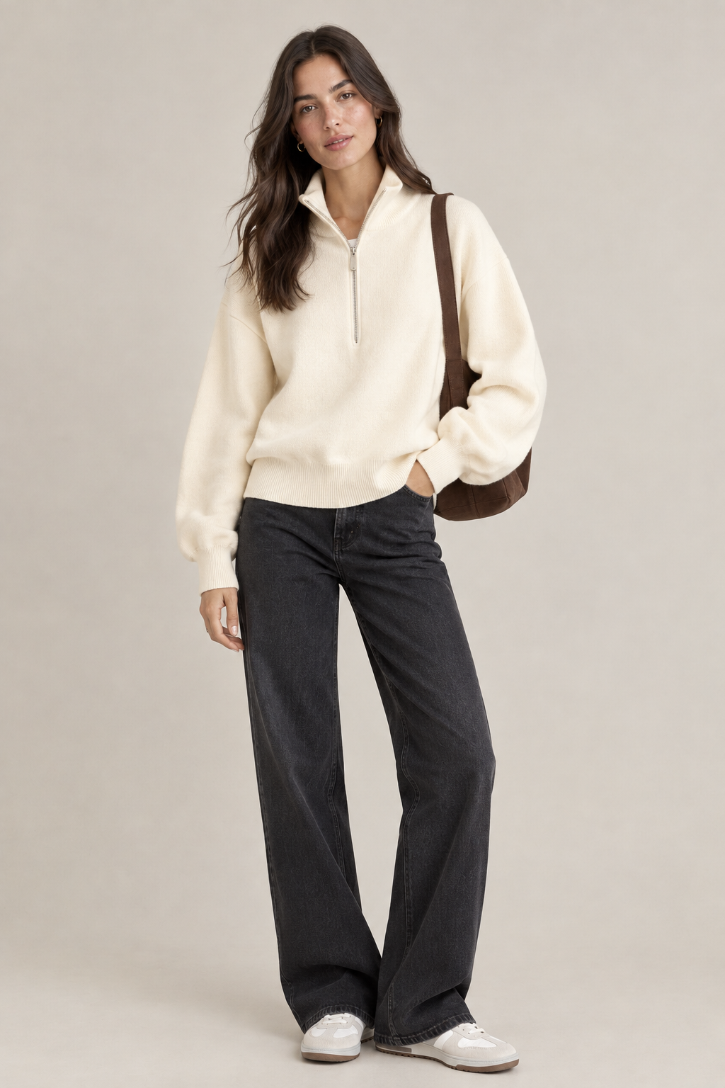 Stand up collar solid color zipper sweater