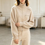 Western Style Knitted Zip Front Stand Collar Cropped Cardigan for Women