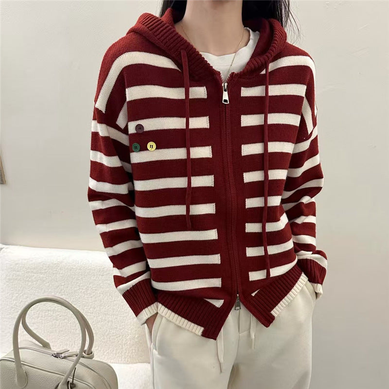 Chic Women's Striped Knit Cardigan Sweater with Unique Design