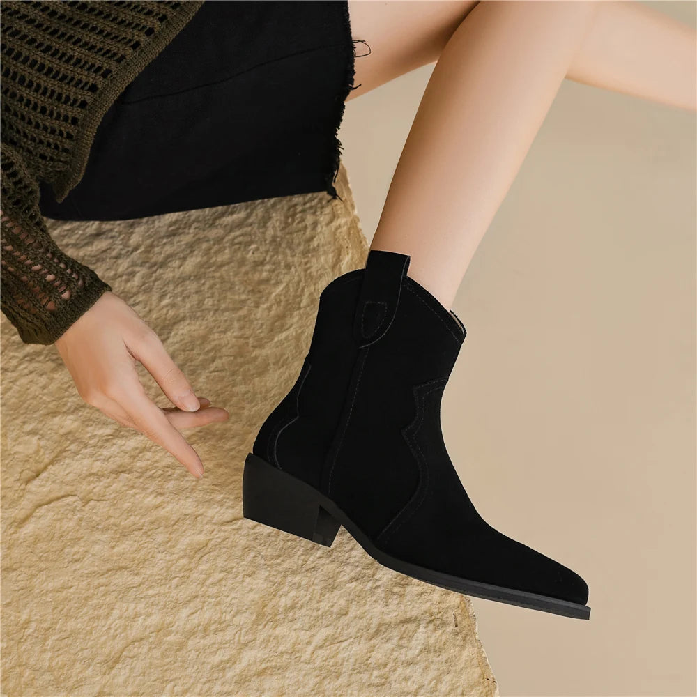 Botines de ante para mujer con tacón ancho, estilo retro para otoño e invierno