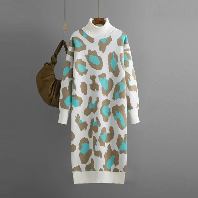 Vestido largo de punto para mujer con cuello vuelto y estampado de leopardo, holgado para otoño e invierno